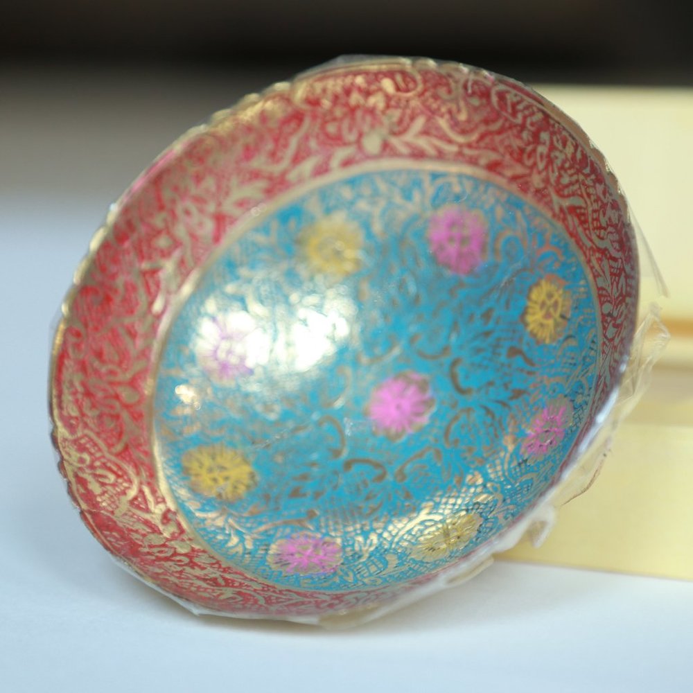 TURQUOISE , RED, GOLD METAL CARVED BOWL
